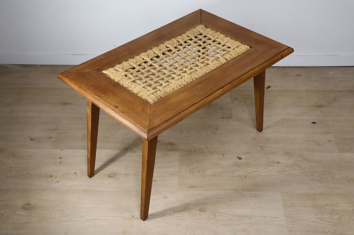 Table basse vintage en chêne et corde, 1950