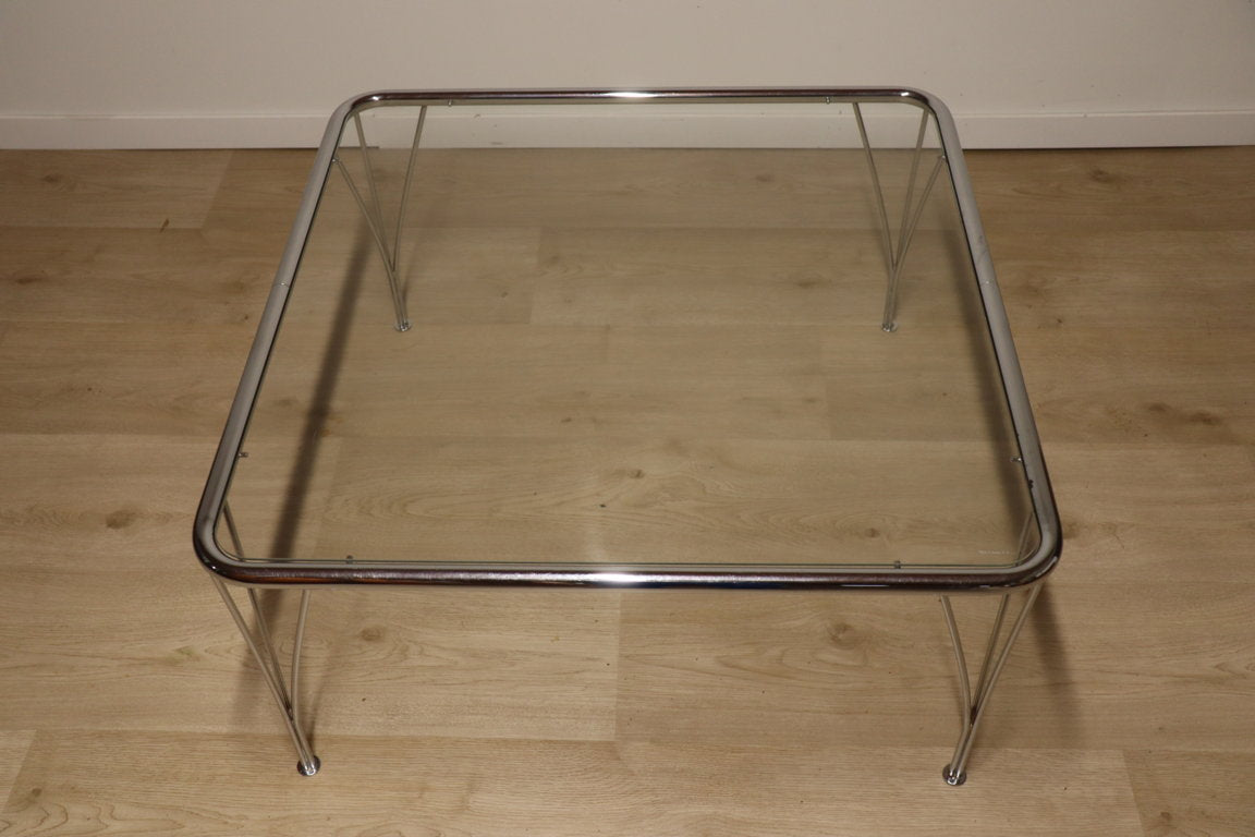 Table basse vintage minimaliste en métal chromé et verre, 1970