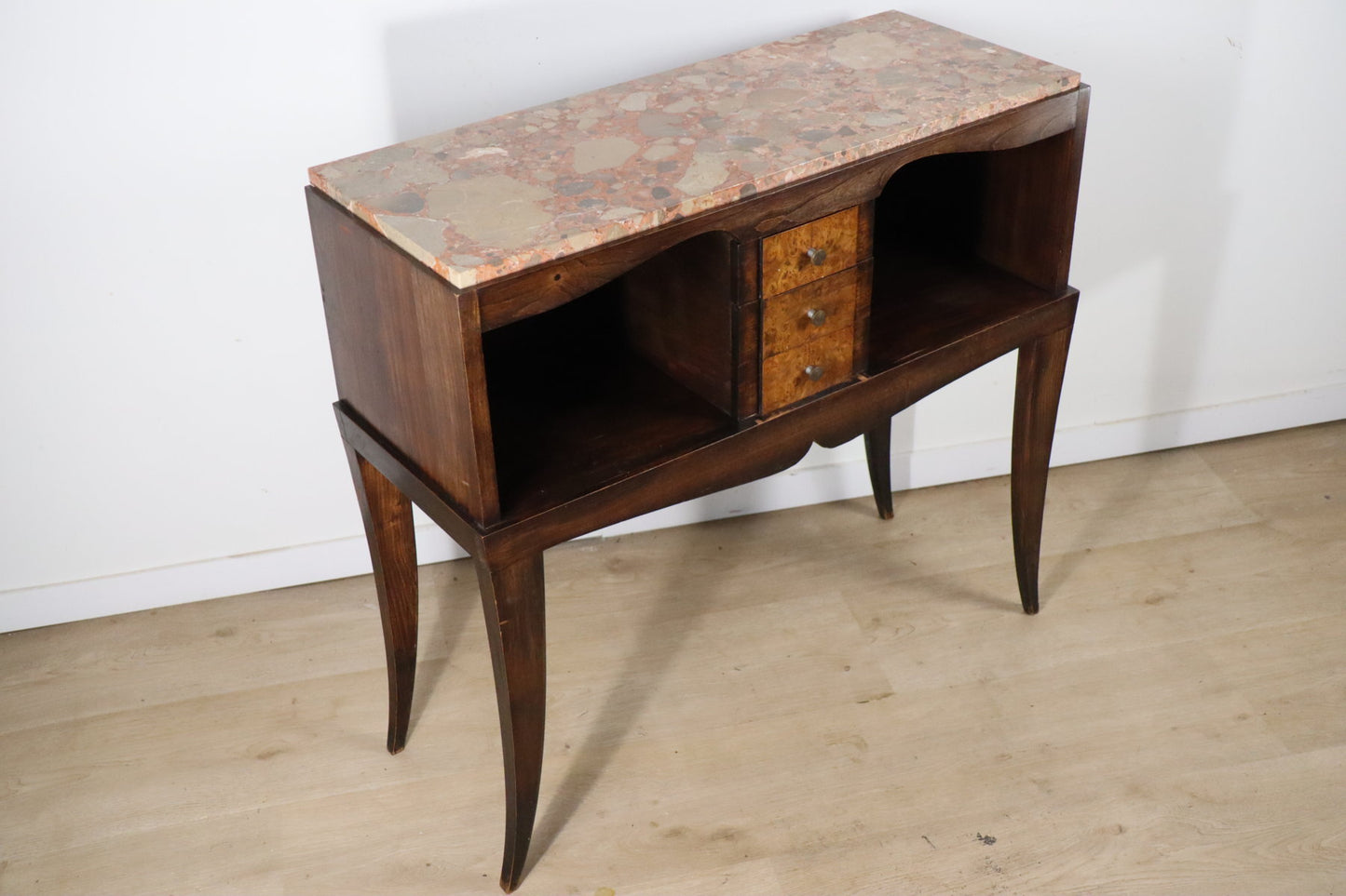 Console vintage en bois et marbre – pieds galbés style classique 1950