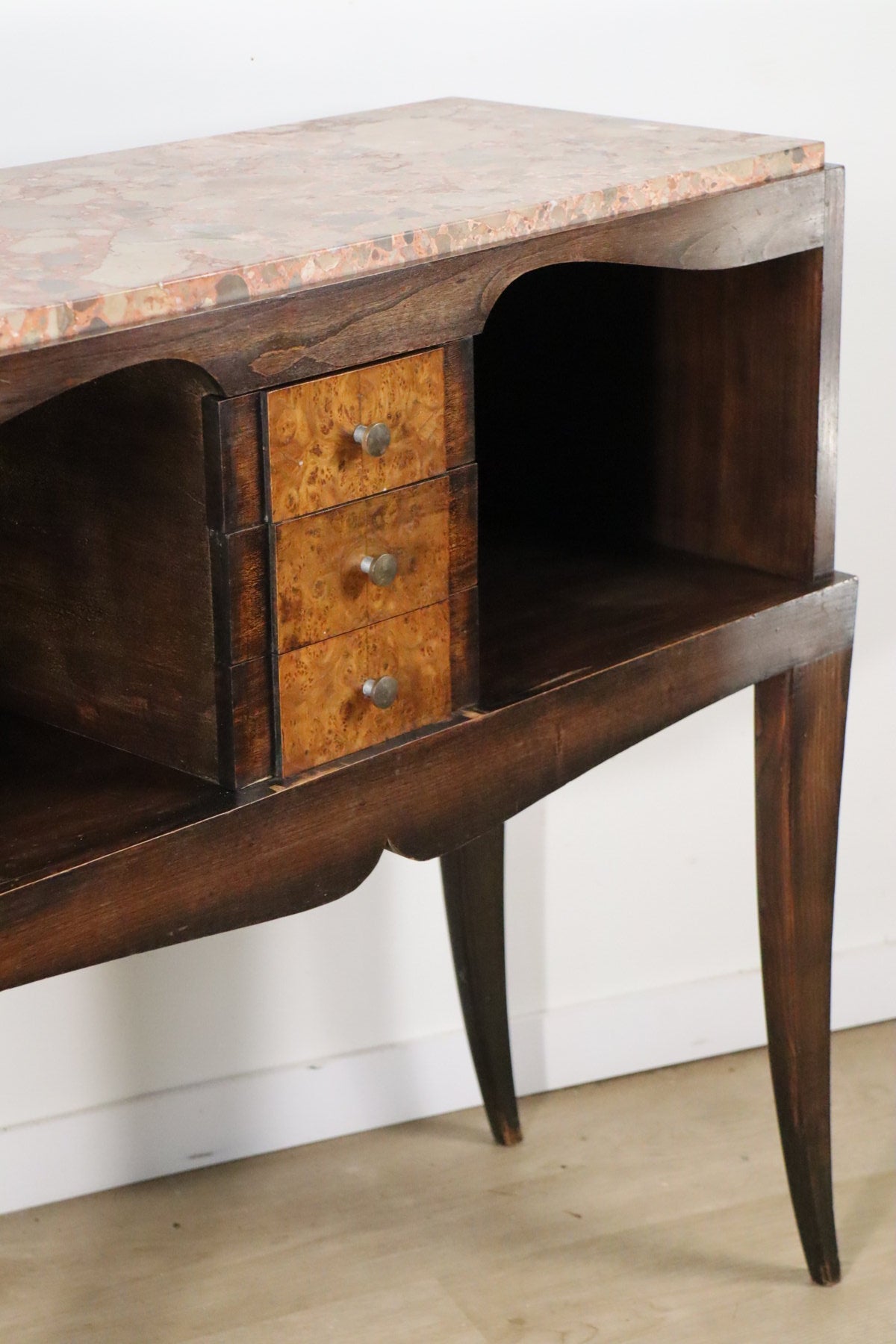 Console vintage en bois et marbre – pieds galbés style classique 1950