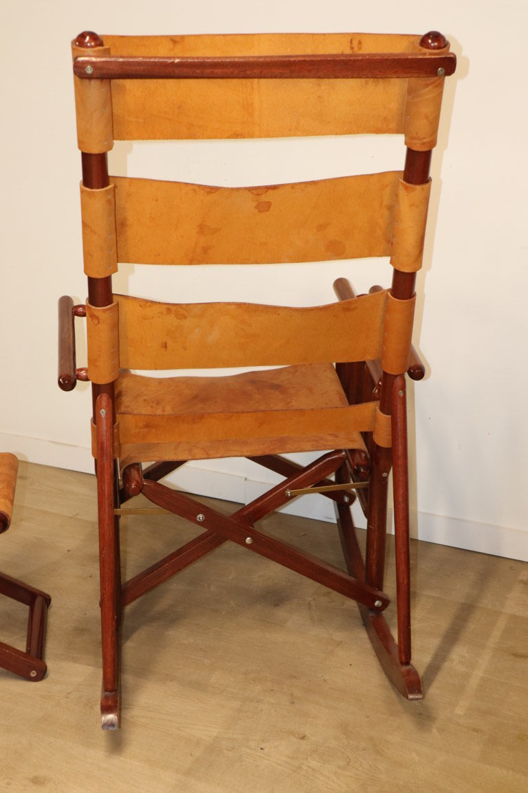 Rocking-chair vintage américain en cuir et bois pliant, 1970