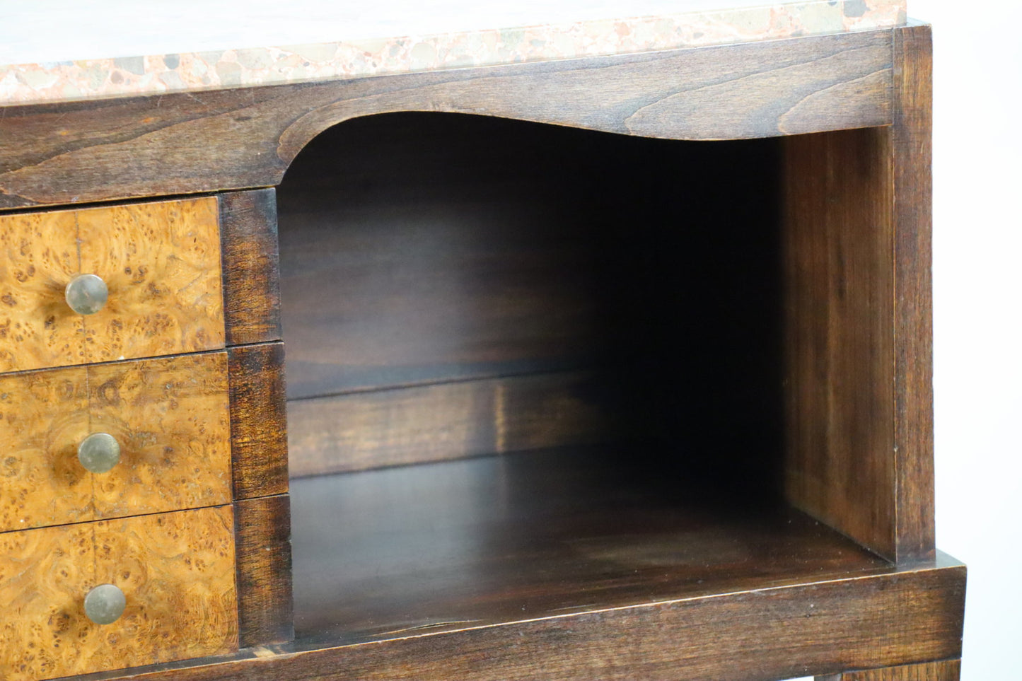 Console vintage en bois et marbre – pieds galbés style classique 1950