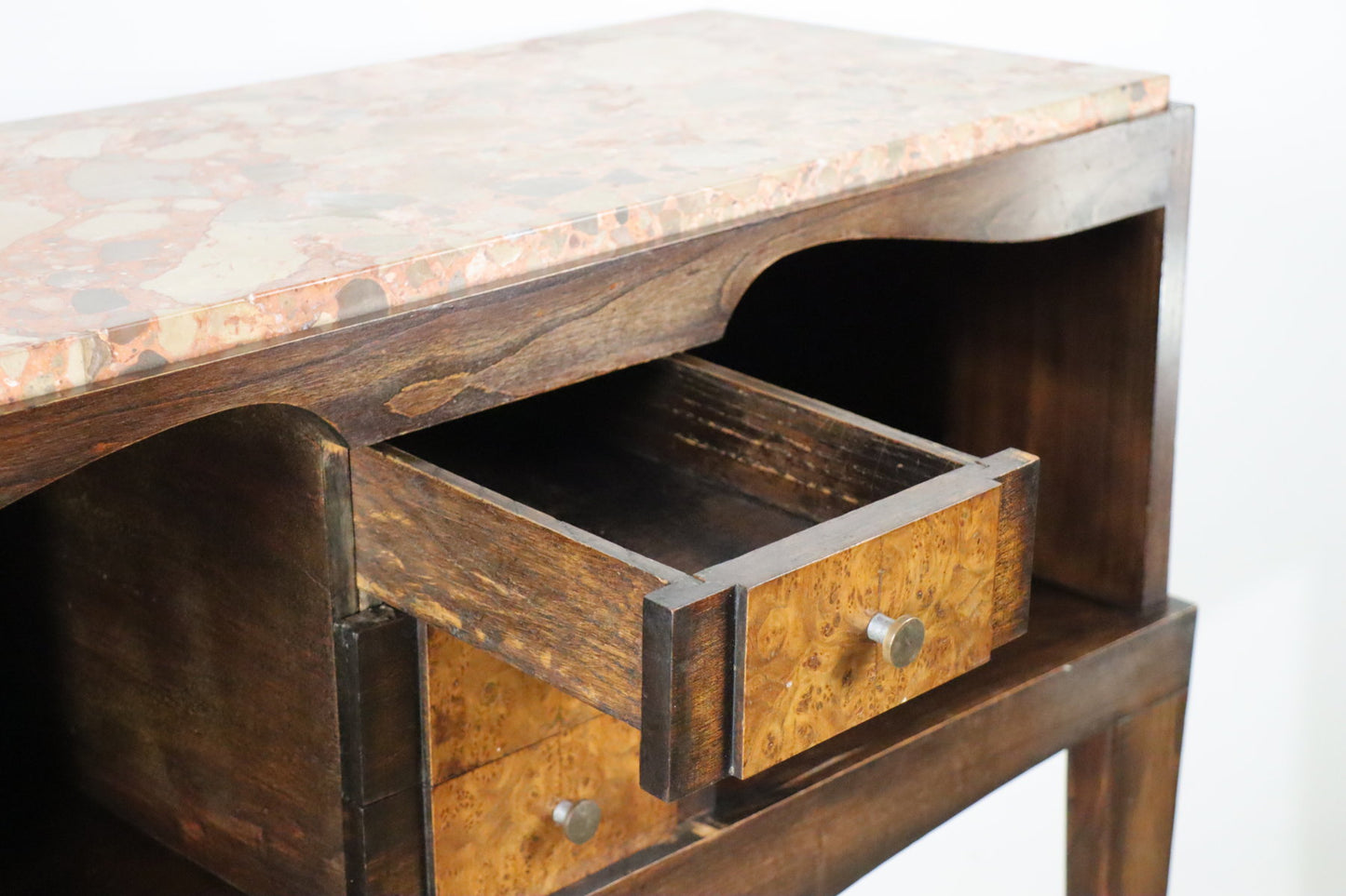 Console vintage en bois et marbre – pieds galbés style classique 1950