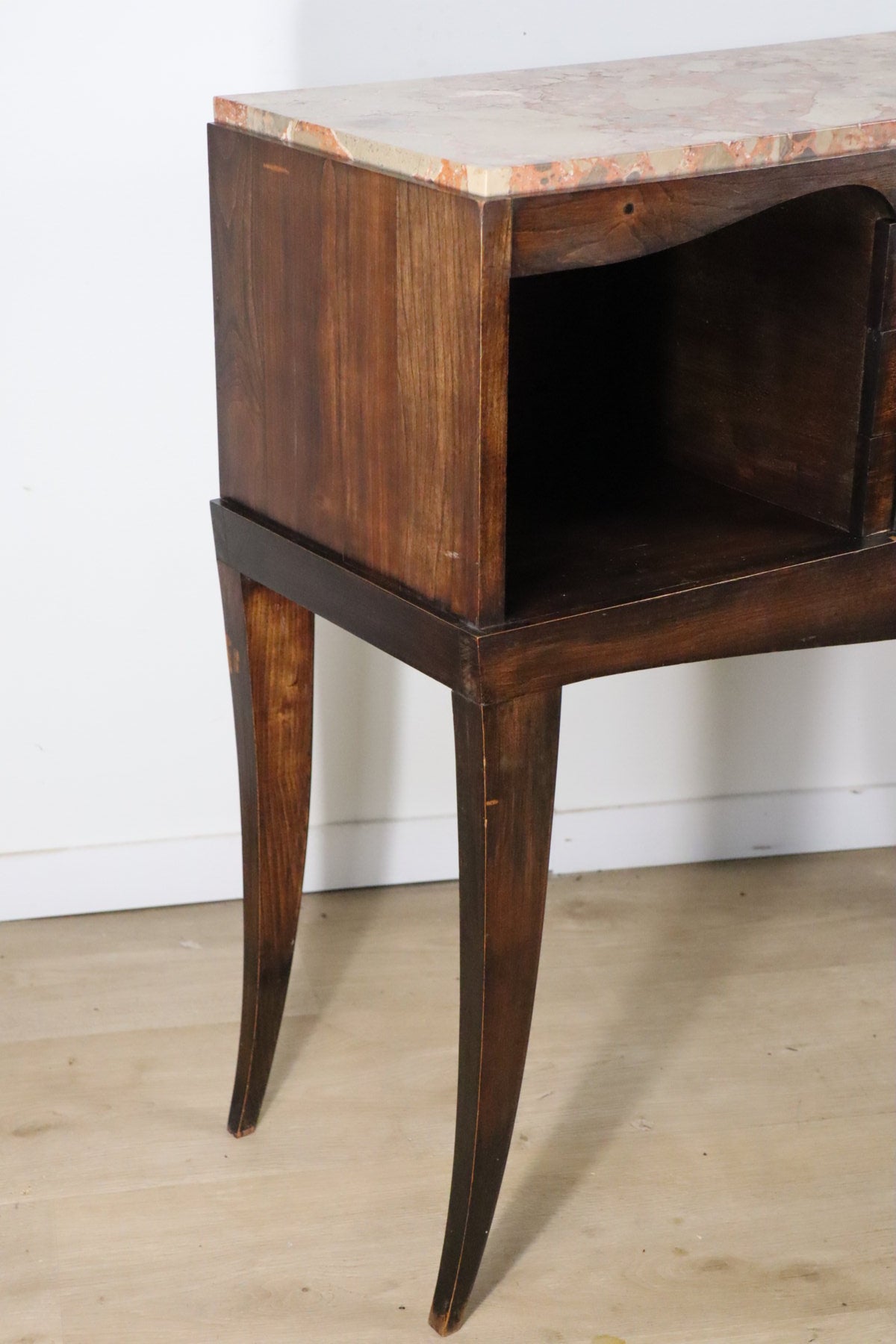 Console vintage en bois et marbre – pieds galbés style classique 1950