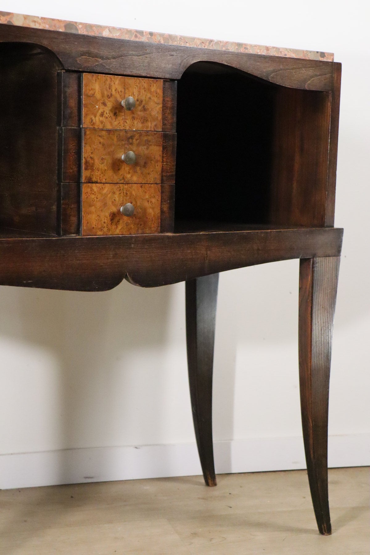 Console vintage en bois et marbre – pieds galbés style classique 1950