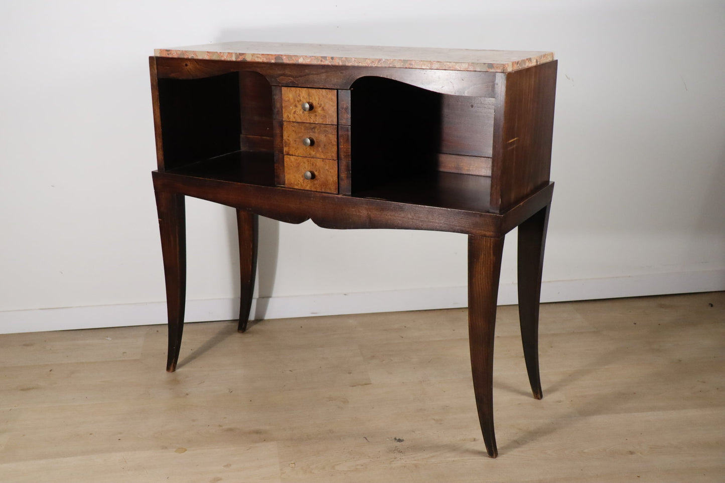 Console vintage en bois et marbre – pieds galbés style classique 1950