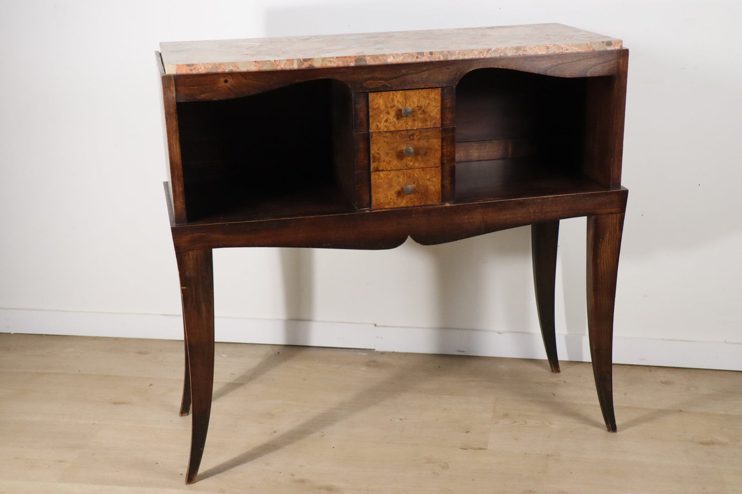 Console vintage en bois et marbre – pieds galbés style classique 1950