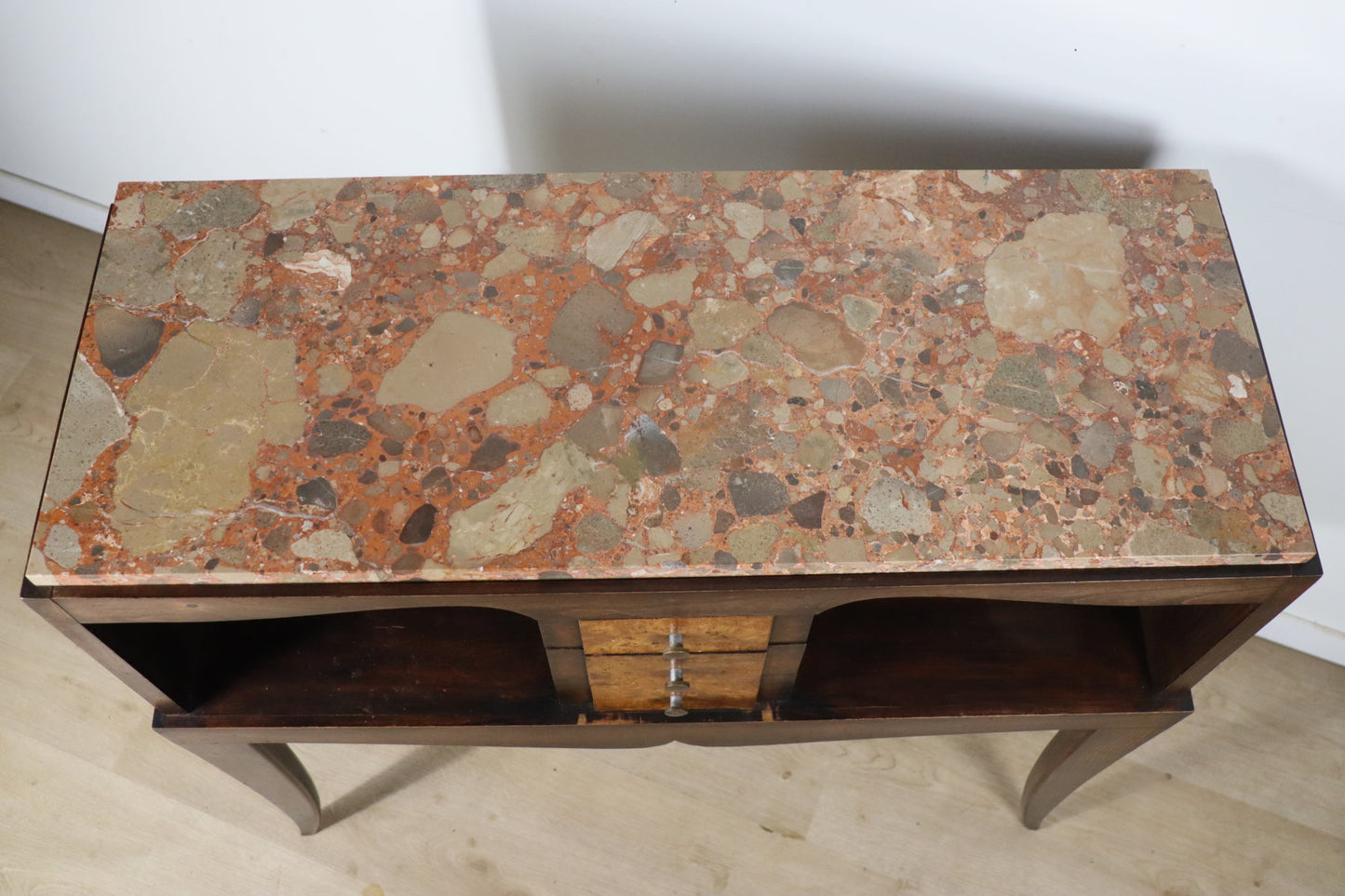 Console vintage en bois et marbre – pieds galbés style classique 1950