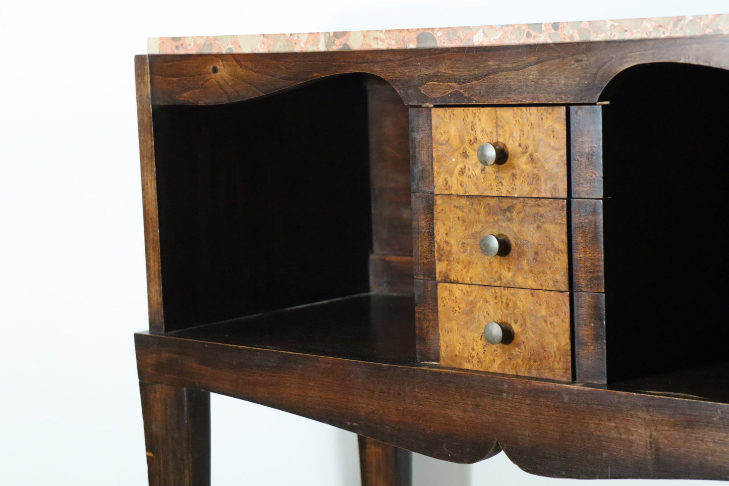 Console vintage en bois et marbre – pieds galbés style classique 1950
