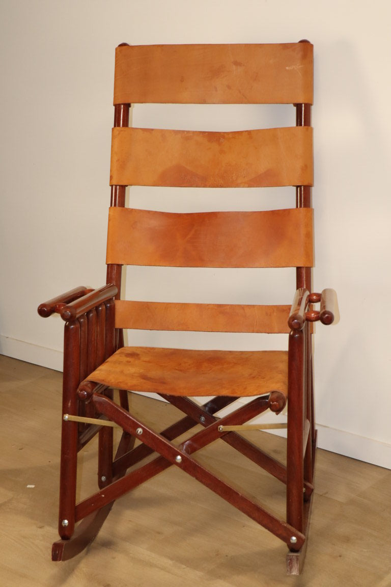 Rocking-chair vintage américain en cuir et bois pliant, 1970