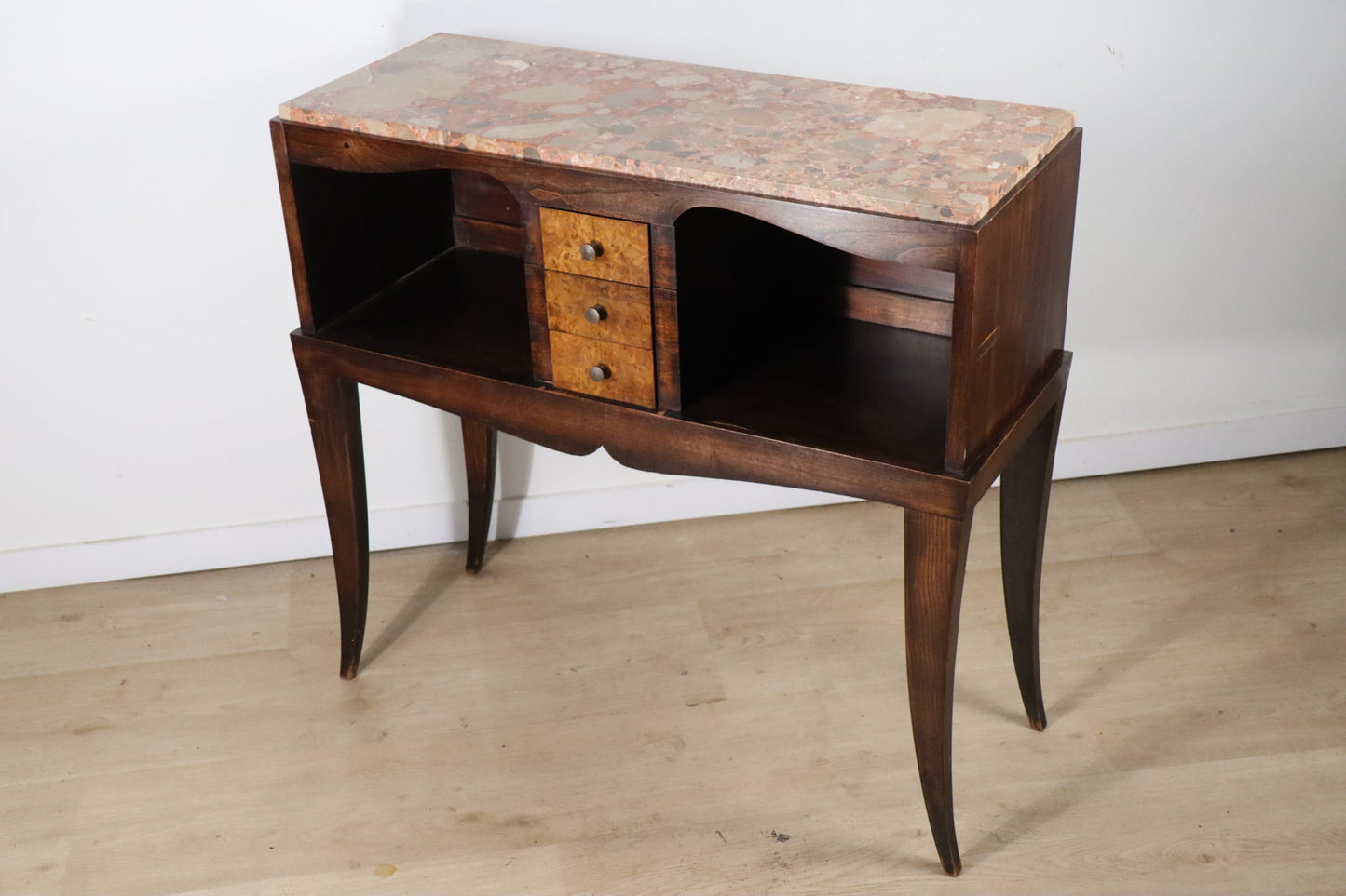 Console vintage en bois et marbre – pieds galbés style classique 1950