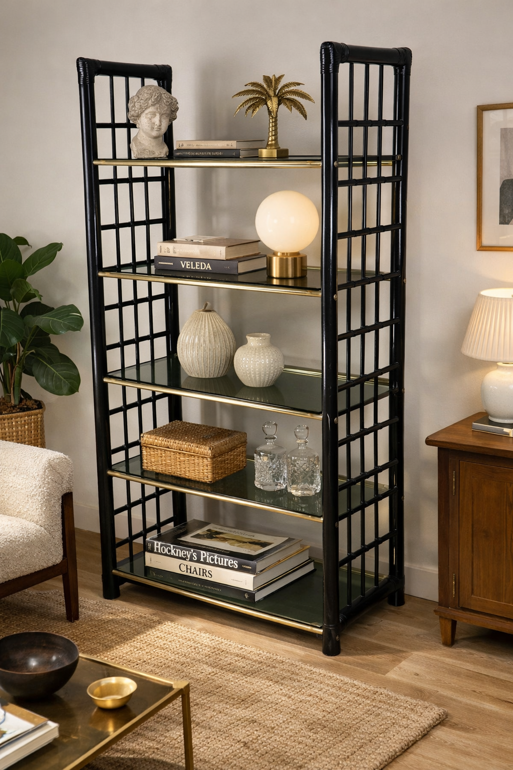 Étagère vintage années 70 en verre fumé et structure façon bambou