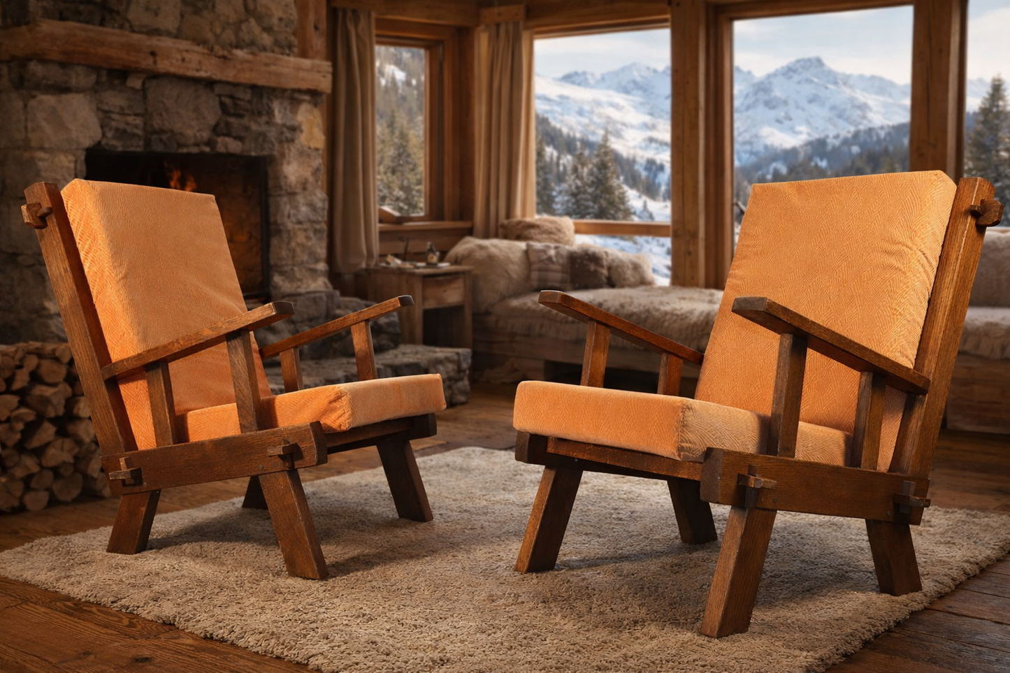 Paire de fauteuils brutalistes en chêne et velours – années 60/70