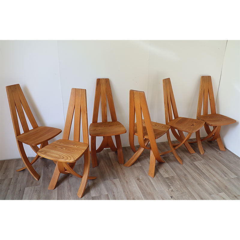 Série de 6 chaises vintage en orme massif