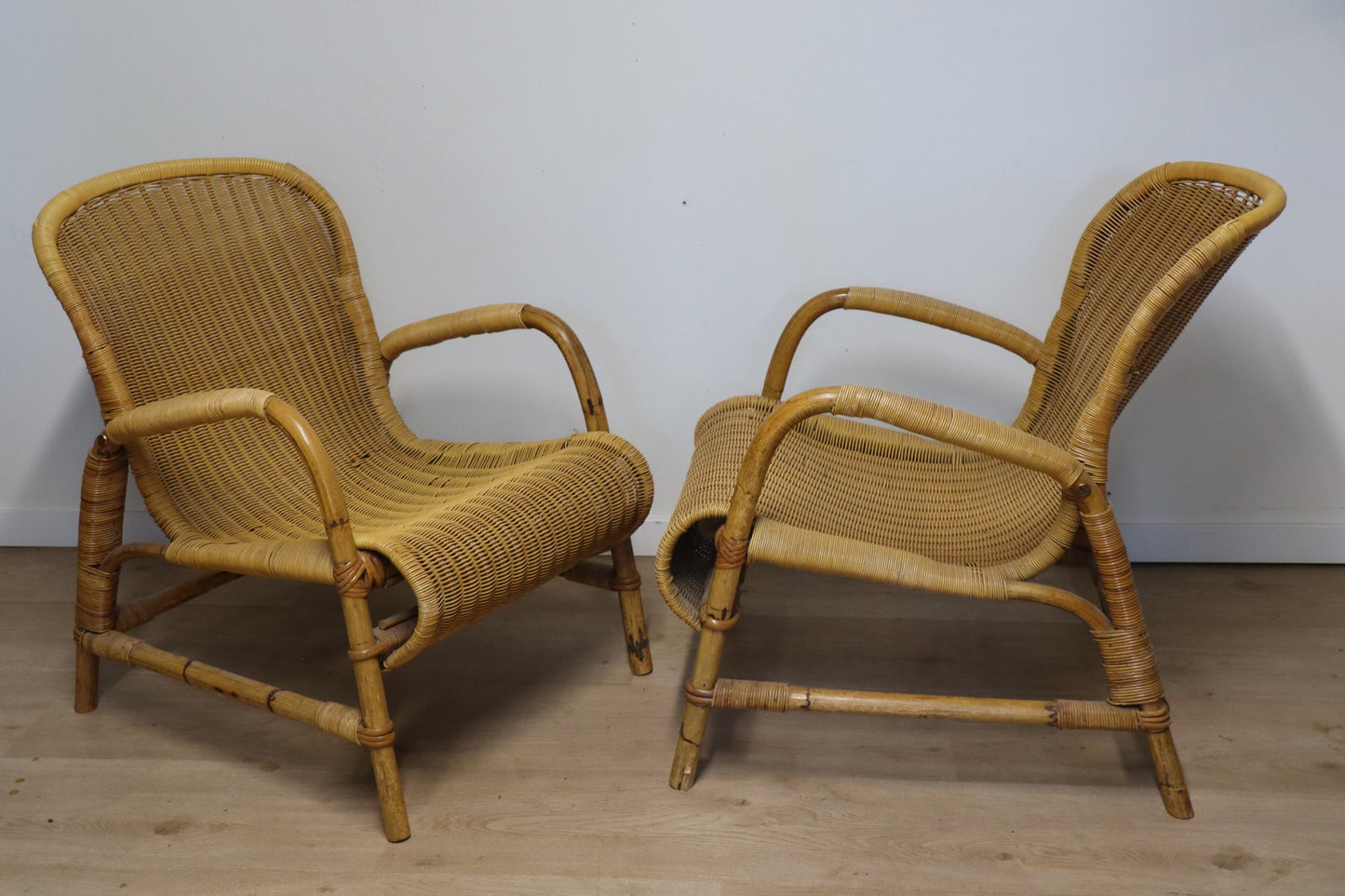 Paire de fauteuils vintage en osier et bambou, 1960