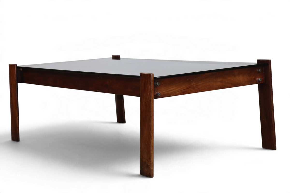 Table basse Percival Lafer en bois exotique et verre fumé – Brésil, 1970