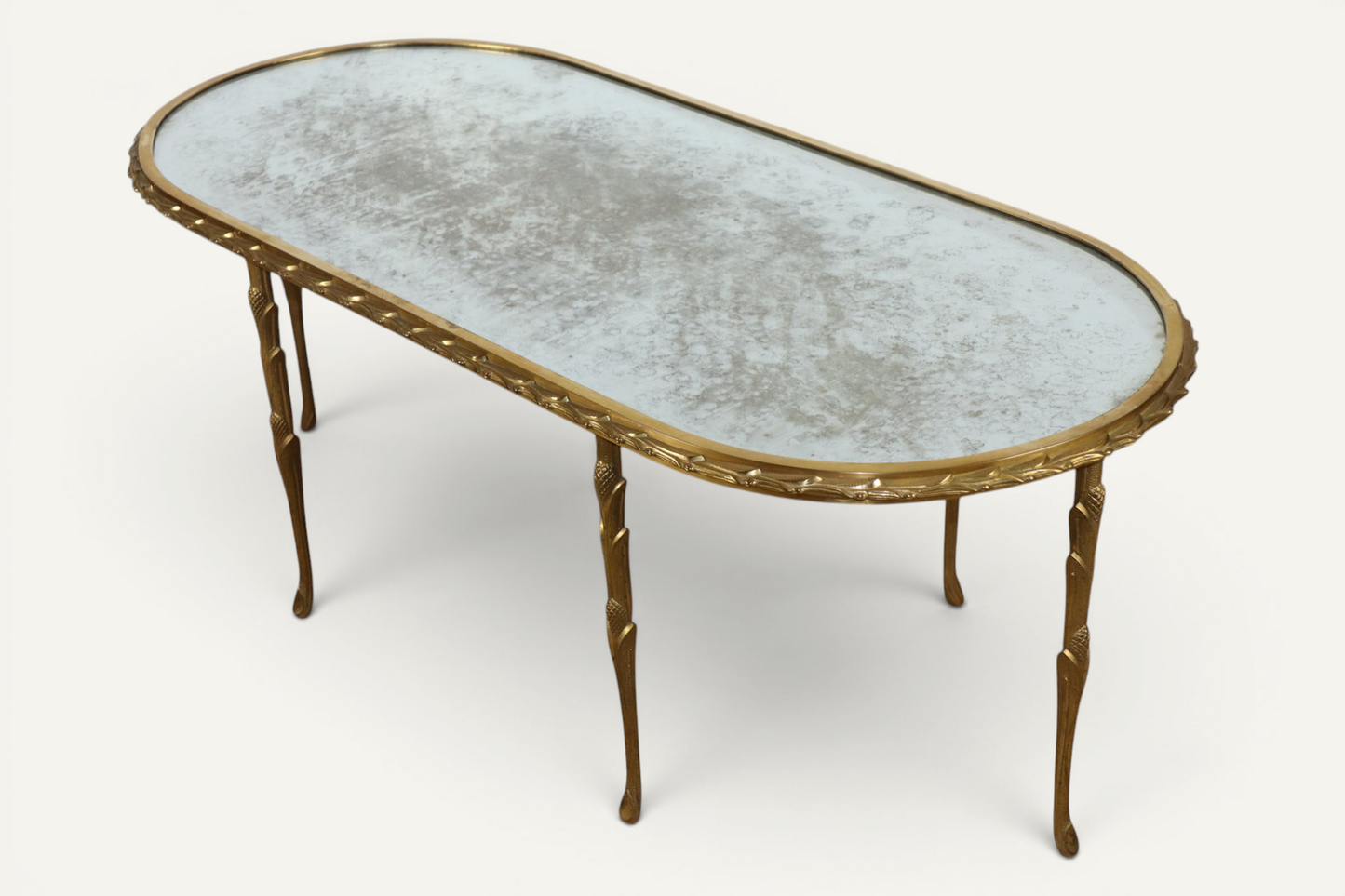 Table basse Maison Baguès en bronze doré et miroir vieilli – Années 1950