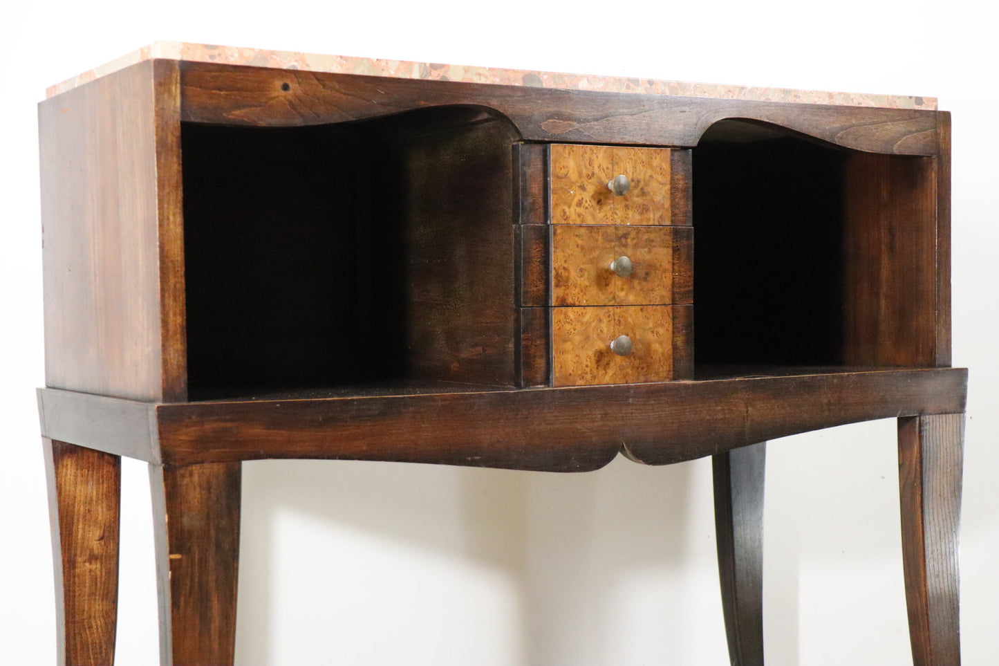 Console vintage en bois et marbre – pieds galbés style classique 1950