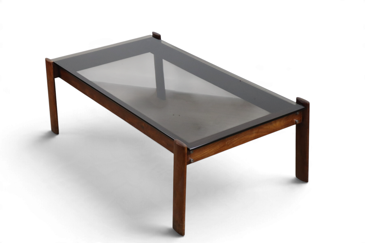 Table basse Percival Lafer en bois exotique et verre fumé – Brésil, 1970