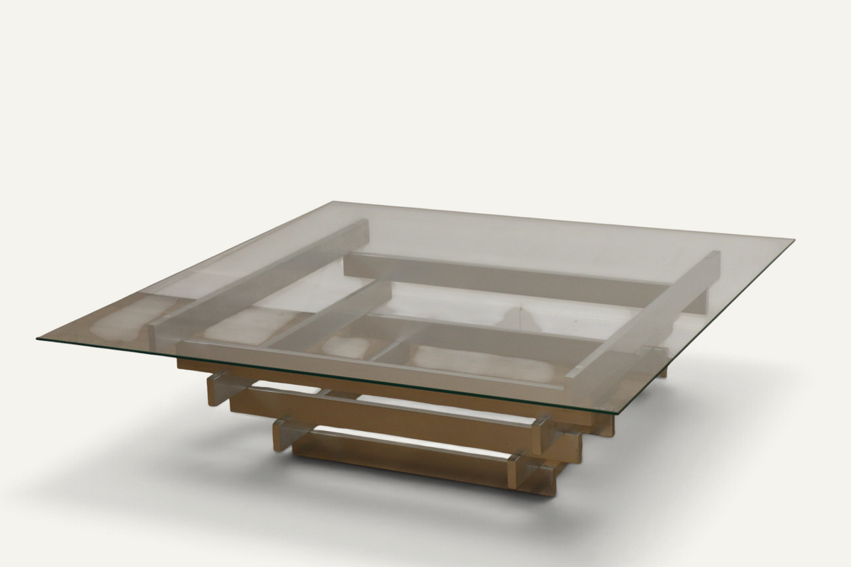 Table basse sculpturale en aluminium brossé et verre – années 1970