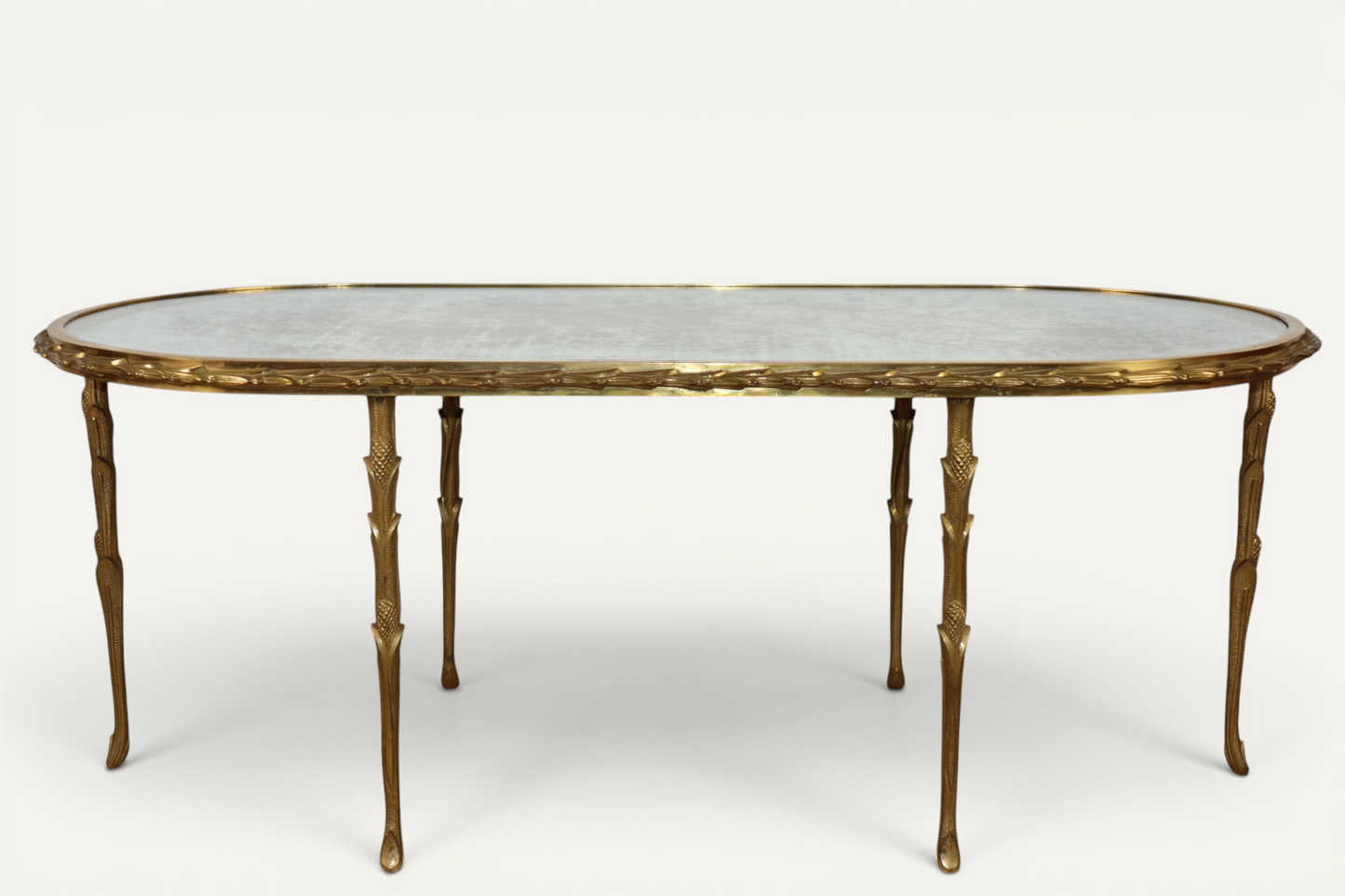 Table basse Maison Baguès en bronze doré et miroir vieilli – Années 1950
