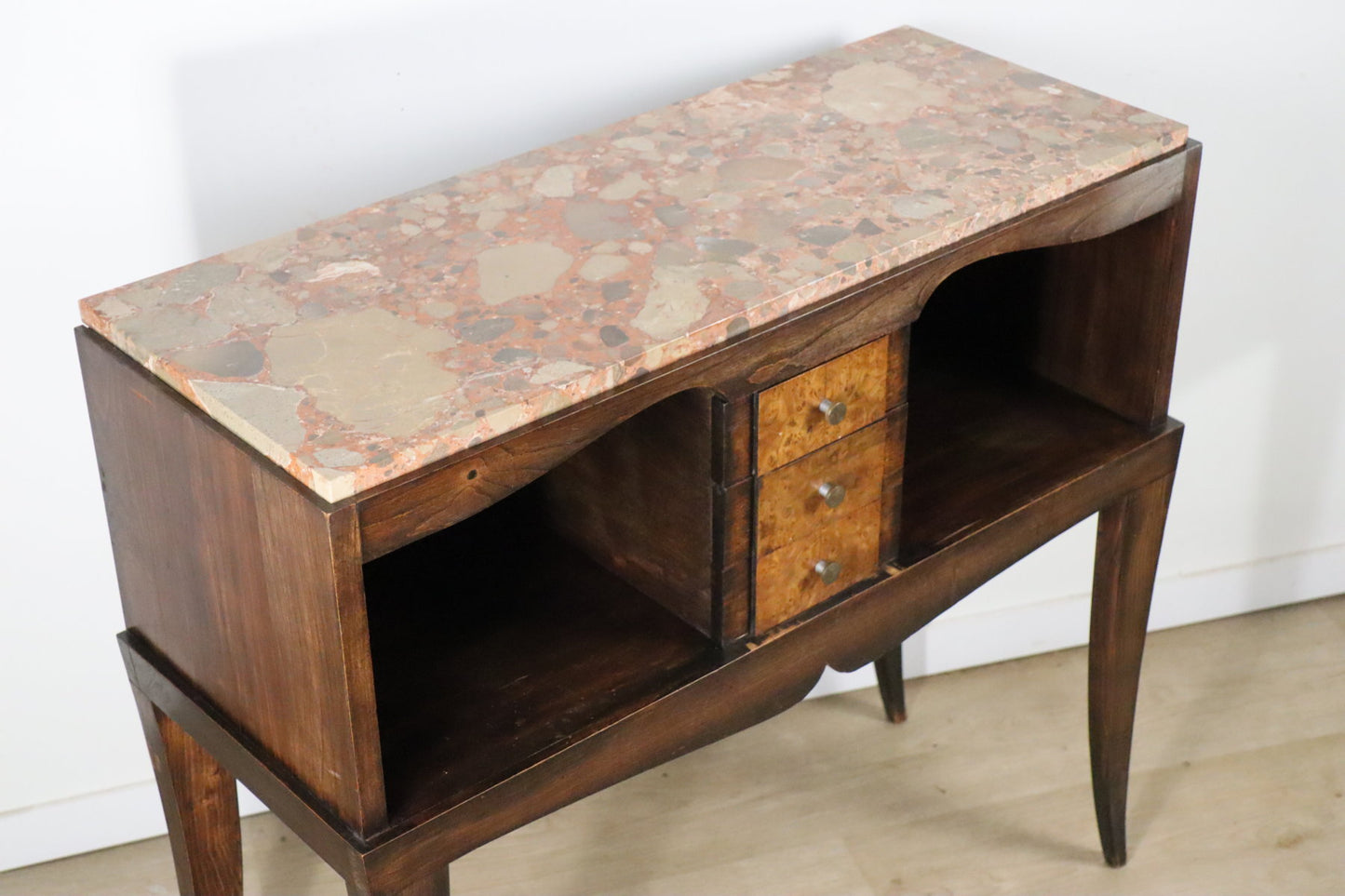 Console vintage en bois et marbre – pieds galbés style classique 1950
