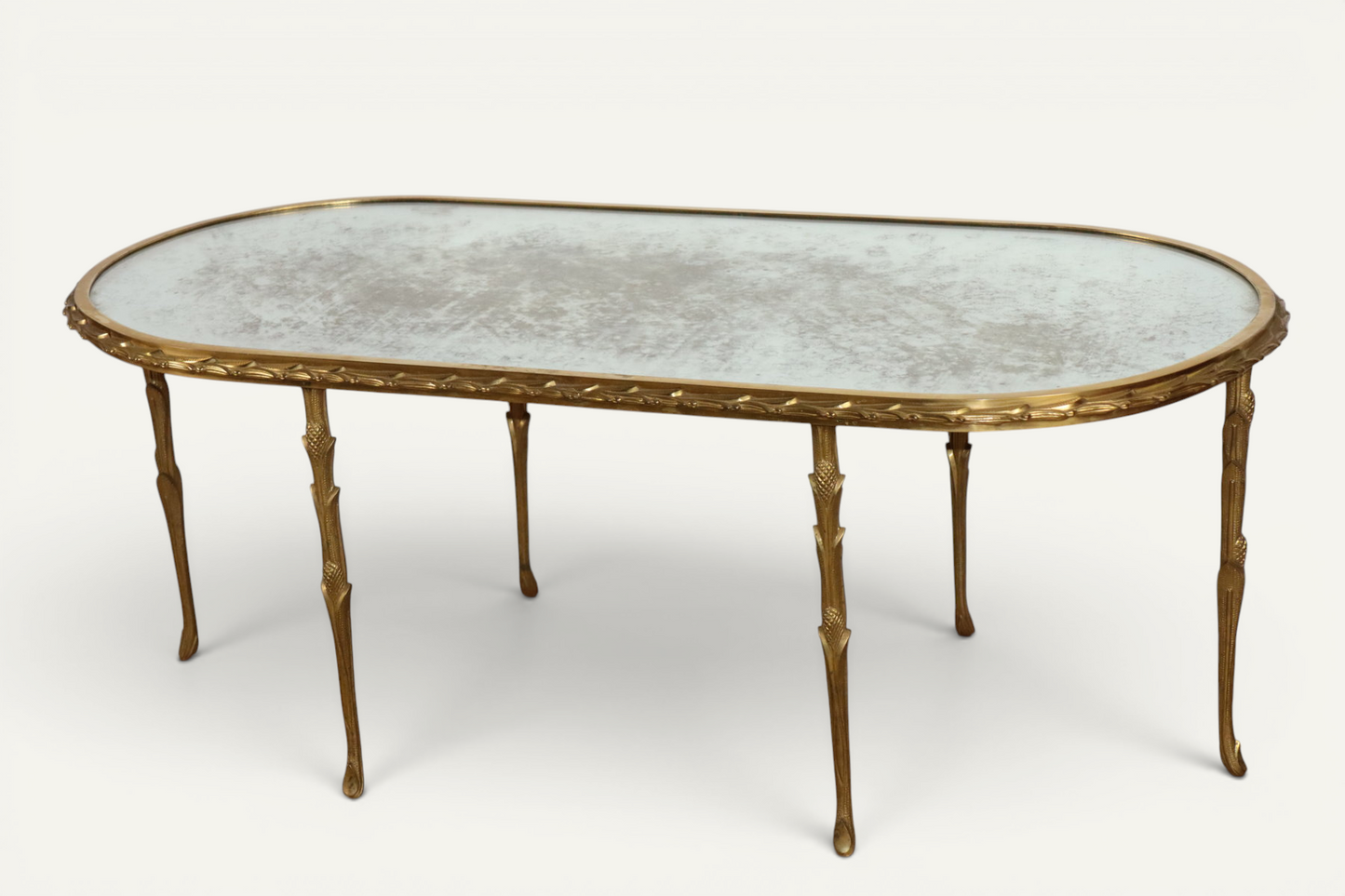 Table basse Maison Baguès en bronze doré et miroir vieilli – Années 1950