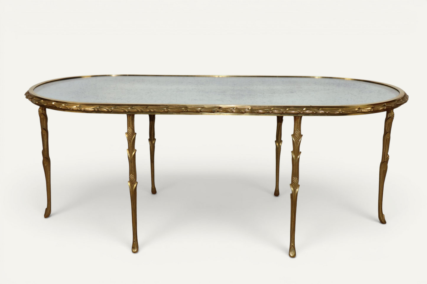 Table basse Maison Baguès en bronze doré et miroir vieilli – Années 1950