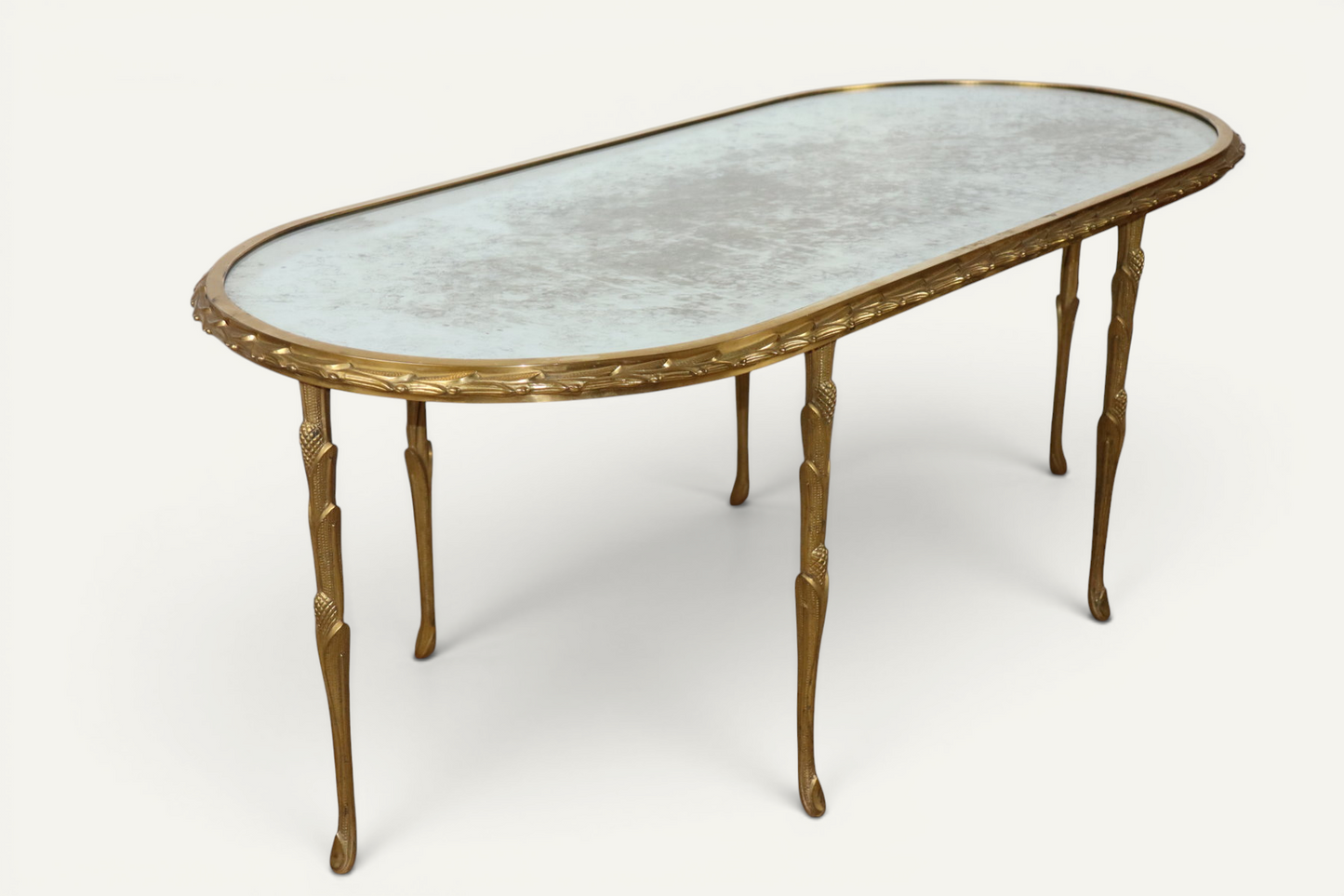Table basse Maison Baguès en bronze doré et miroir vieilli – Années 1950