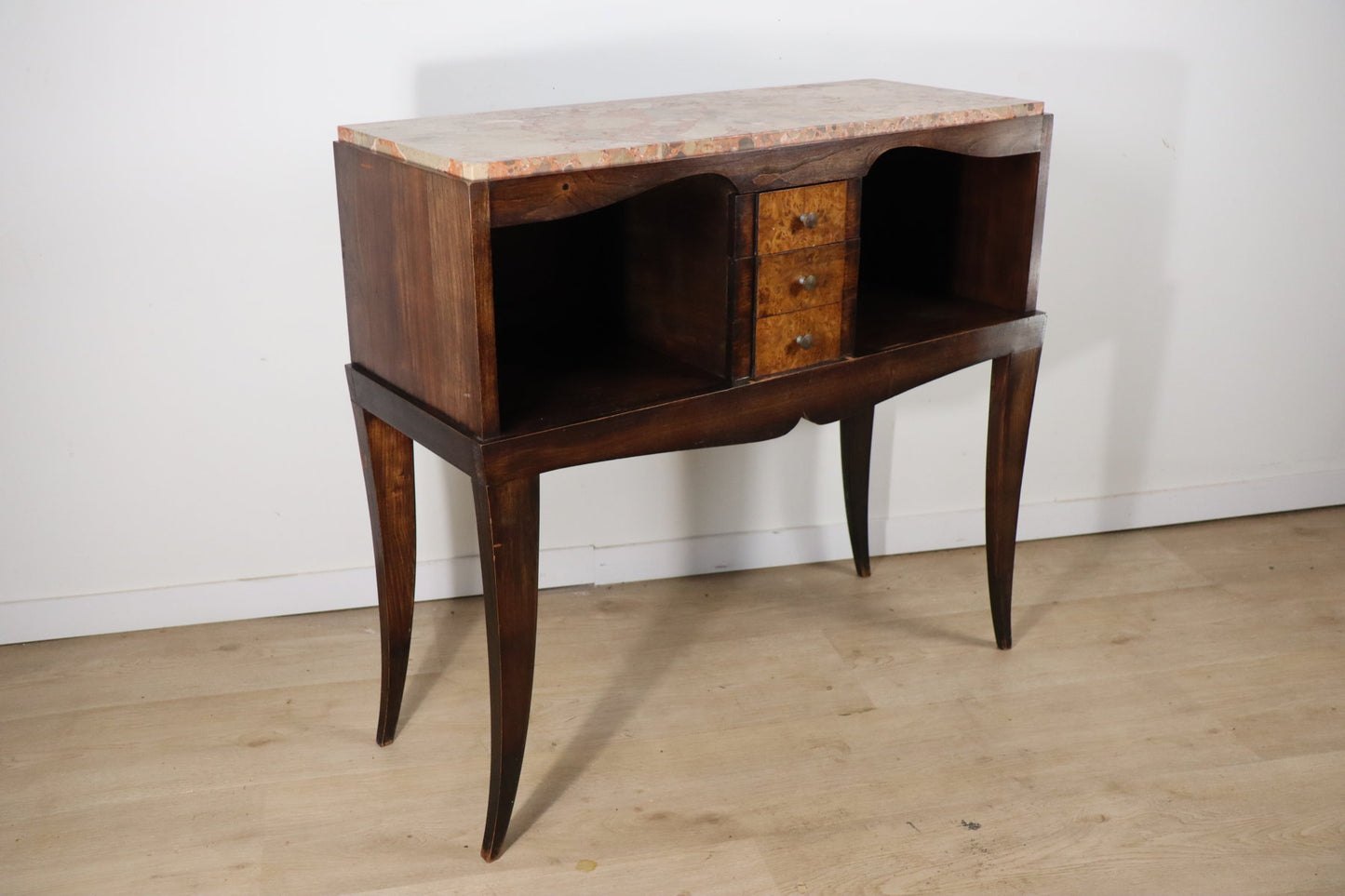 Console vintage en bois et marbre – pieds galbés style classique 1950