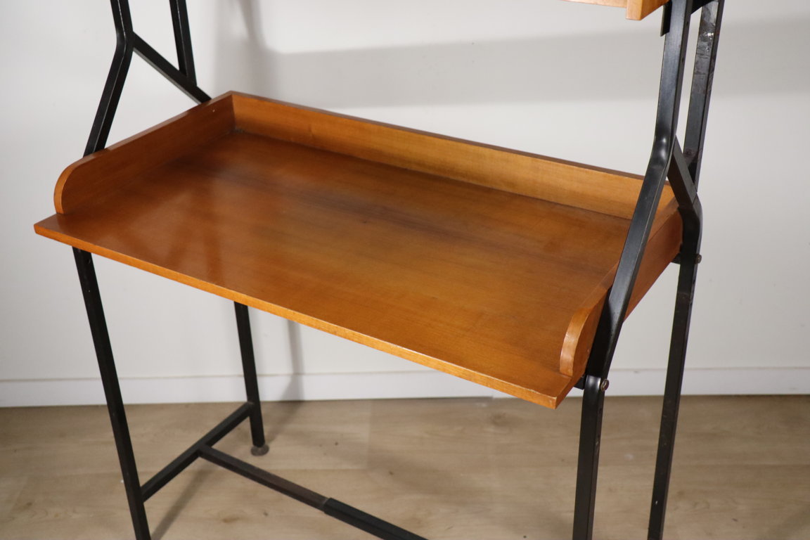 Bureau vintage avec bibliothèque modulable en bois et métal, 1960