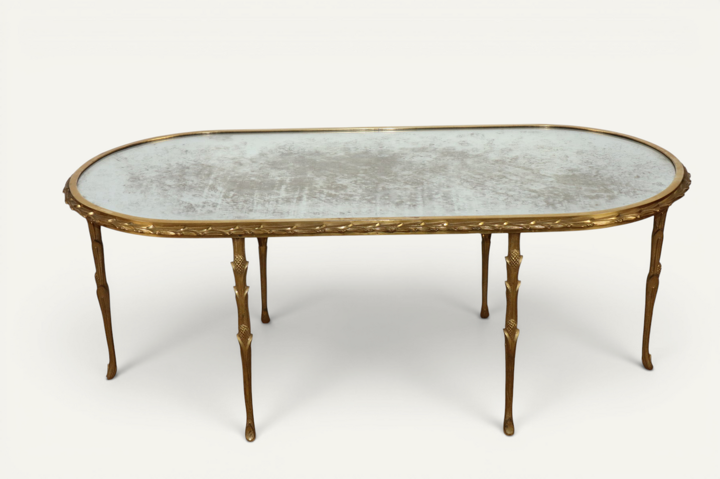 Table basse Maison Baguès en bronze doré et miroir vieilli – Années 1950