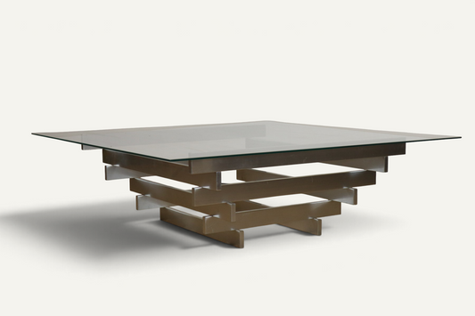 Table basse sculpturale en aluminium brossé et verre – années 1970