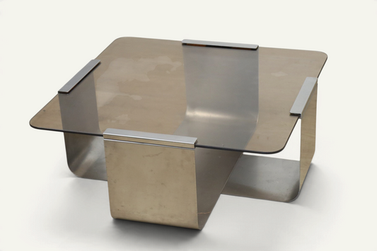 Table basse acier brossé et verre fumé, d'après François Monnet – années 70