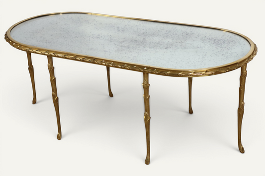 Table basse Maison Baguès en bronze doré et miroir vieilli – Années 1950