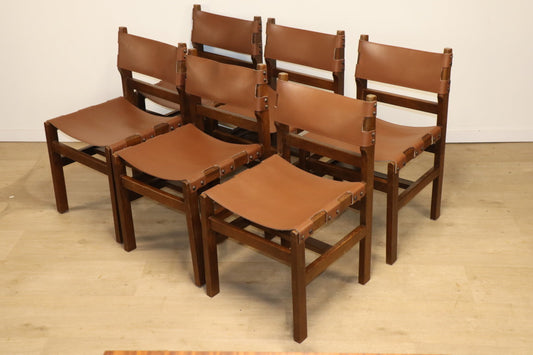 Série de 6 chaises vintage Maison Regain en cuir et bois, 1960
