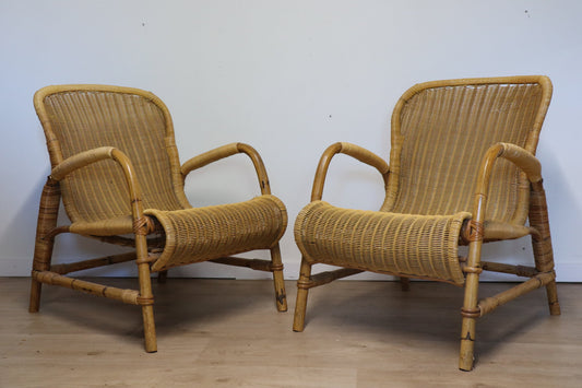 Paire de fauteuils vintage en osier et bambou, 1960