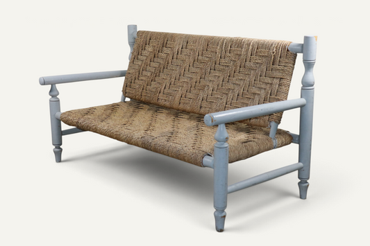 Banquette vintage en corde tressée et bois peint, années 50-60