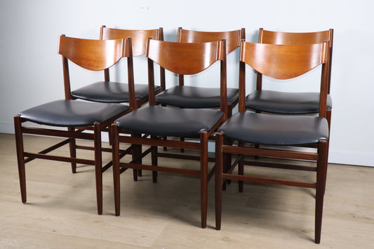 Série de 6 chaises Gianfranco Frattini en teck et skaï noir – années 60