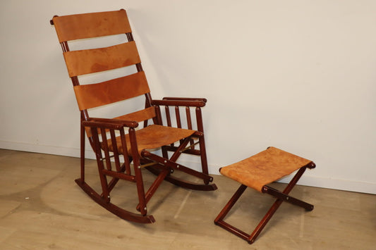 Rocking-chair vintage américain en cuir et bois pliant, 1970