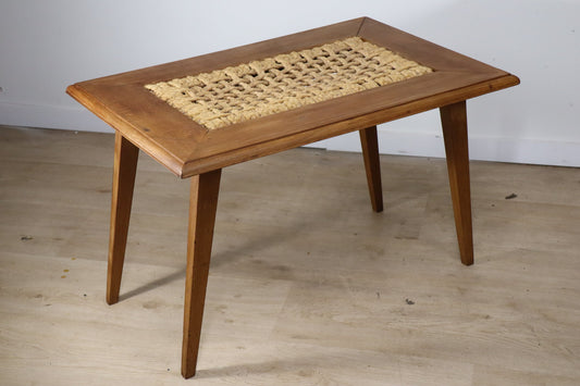 Table basse vintage en chêne et corde, 1950
