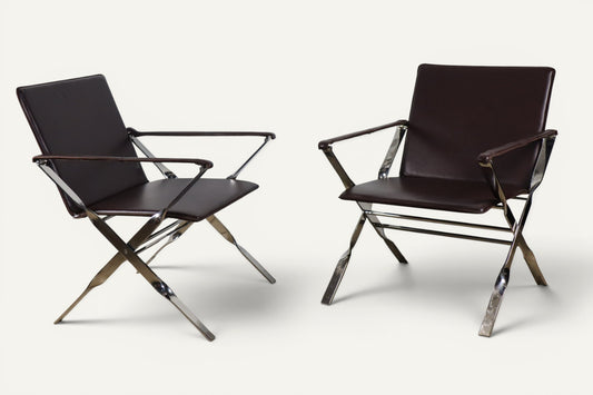 Paire de fauteuils en cuir et métal chromé, Italie - 1970