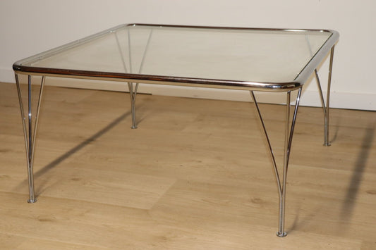 Table basse vintage minimaliste en métal chromé et verre, 1970