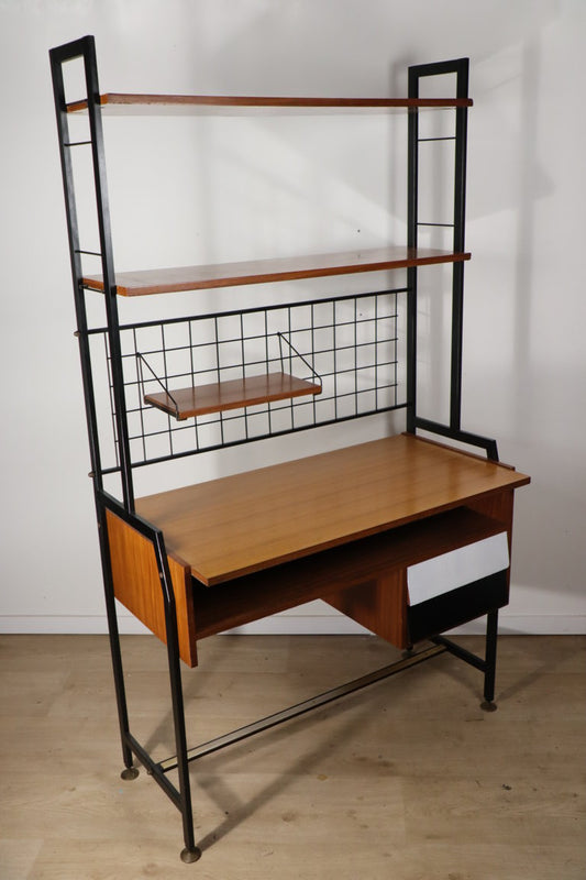 Bureau vintage avec étagères modulables en bois et métal, 1960