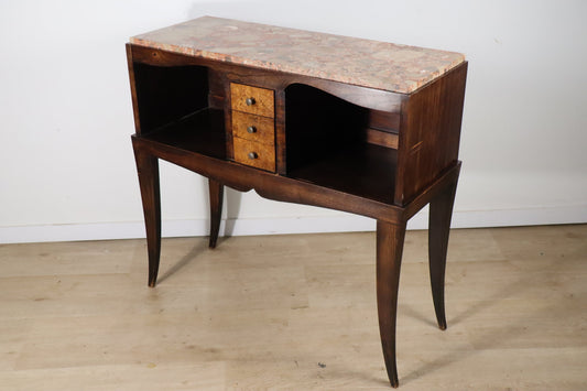 Console vintage en bois et marbre – pieds galbés style classique 1950