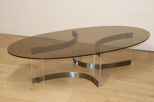 Table basse vintage en verre, acier et plexiglas, 1970