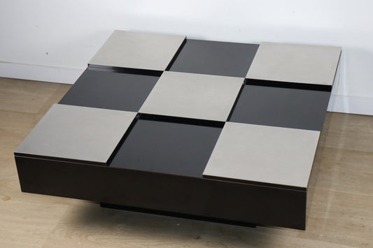 Table basse vintage en bois laqué et aluminium - Années 70