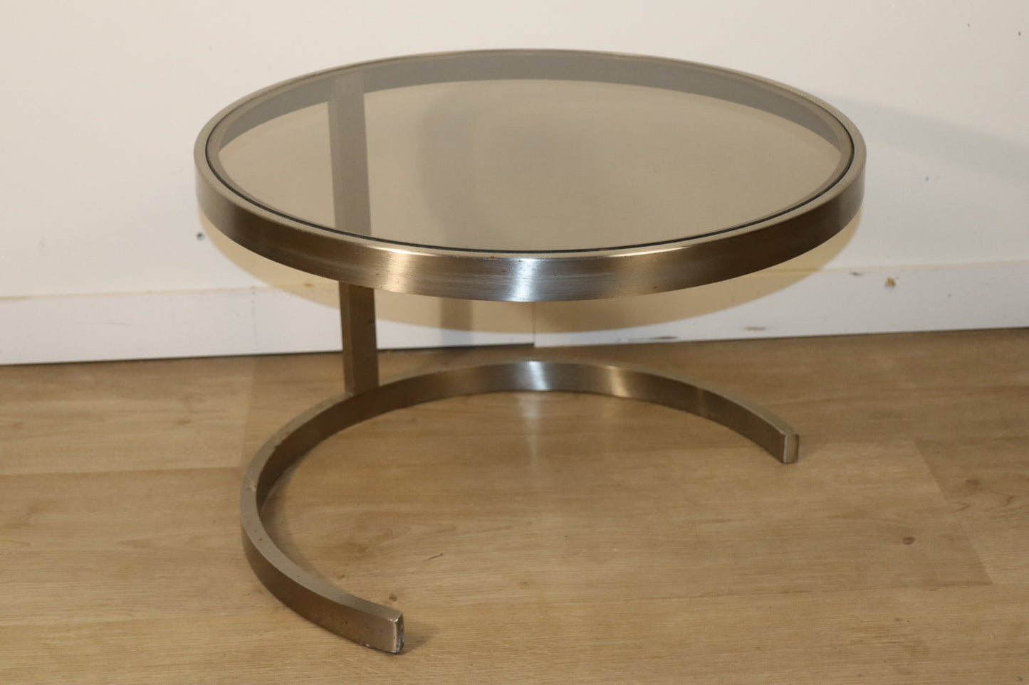 Table basse d'appoint vintage en acier brossé et verre, 1970