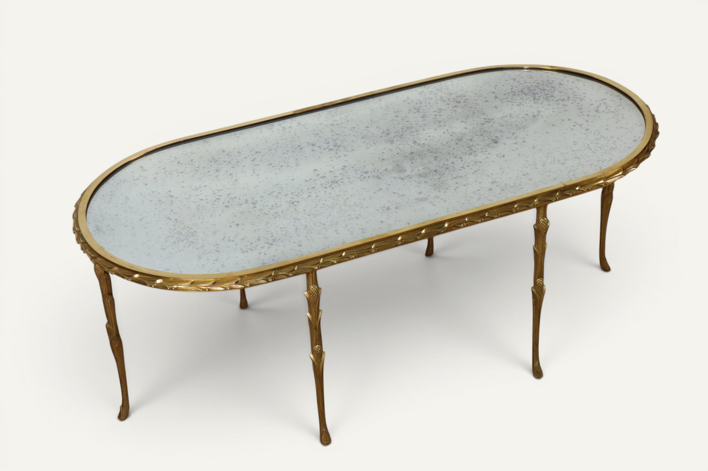 Table basse Maison Baguès en bronze doré et miroir vieilli – Années 1950