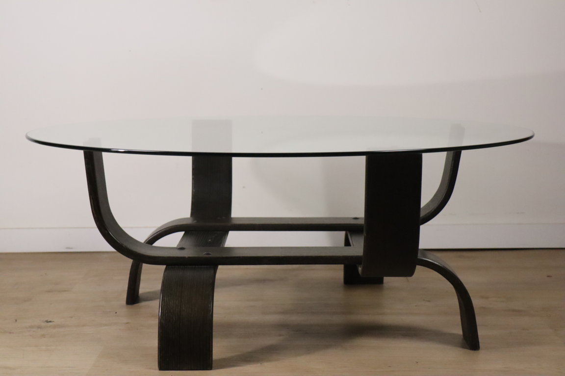 Table basse vintage édition Fubo en bois courbé et verre, 1970